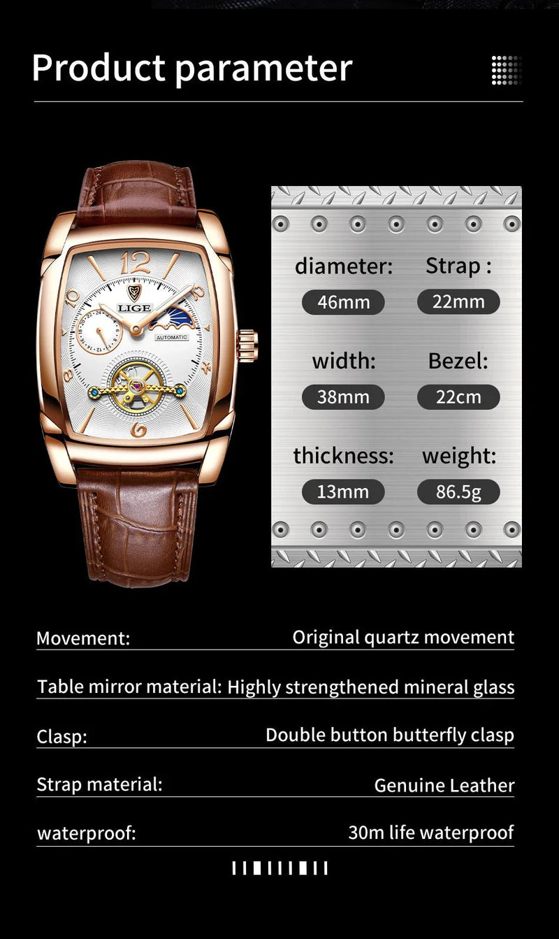 Lige Automatic Moon Phase Tourbillon Luxury Timepiece